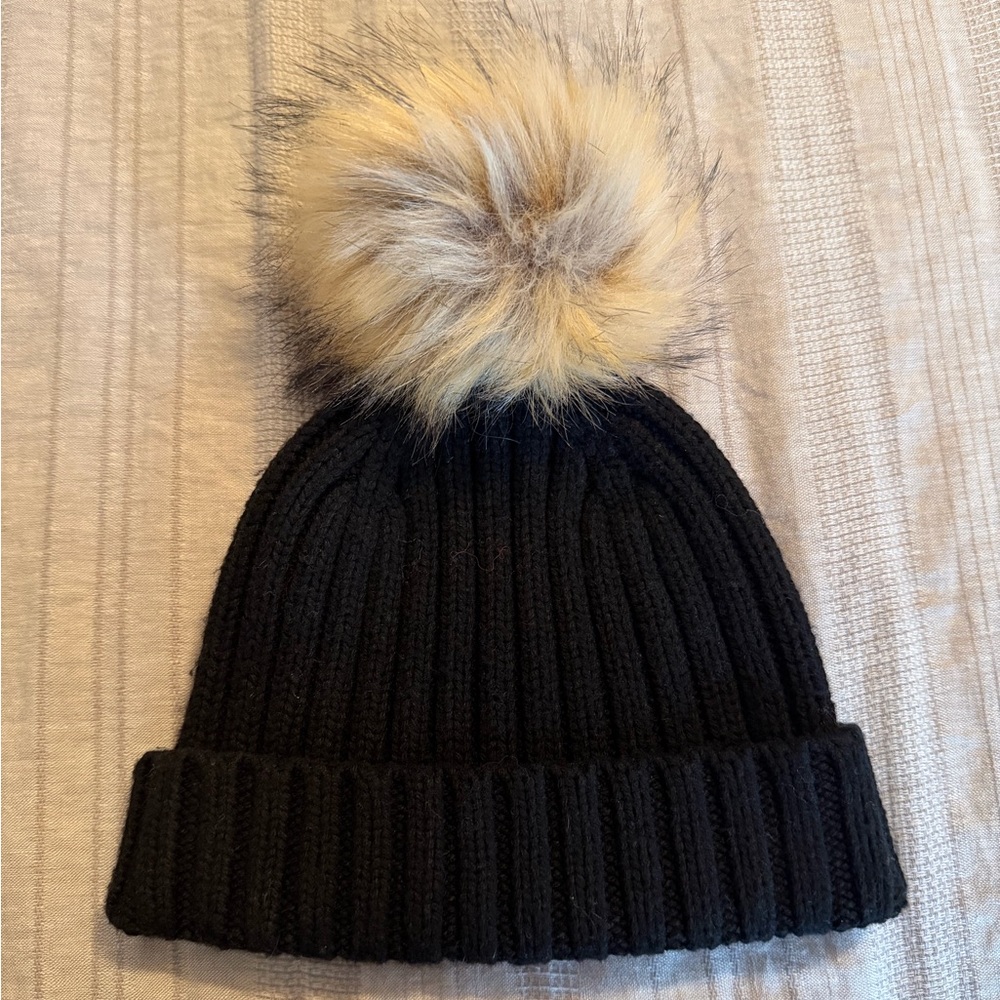 J Crew Black Knit Beanie with Fur Puff NWT